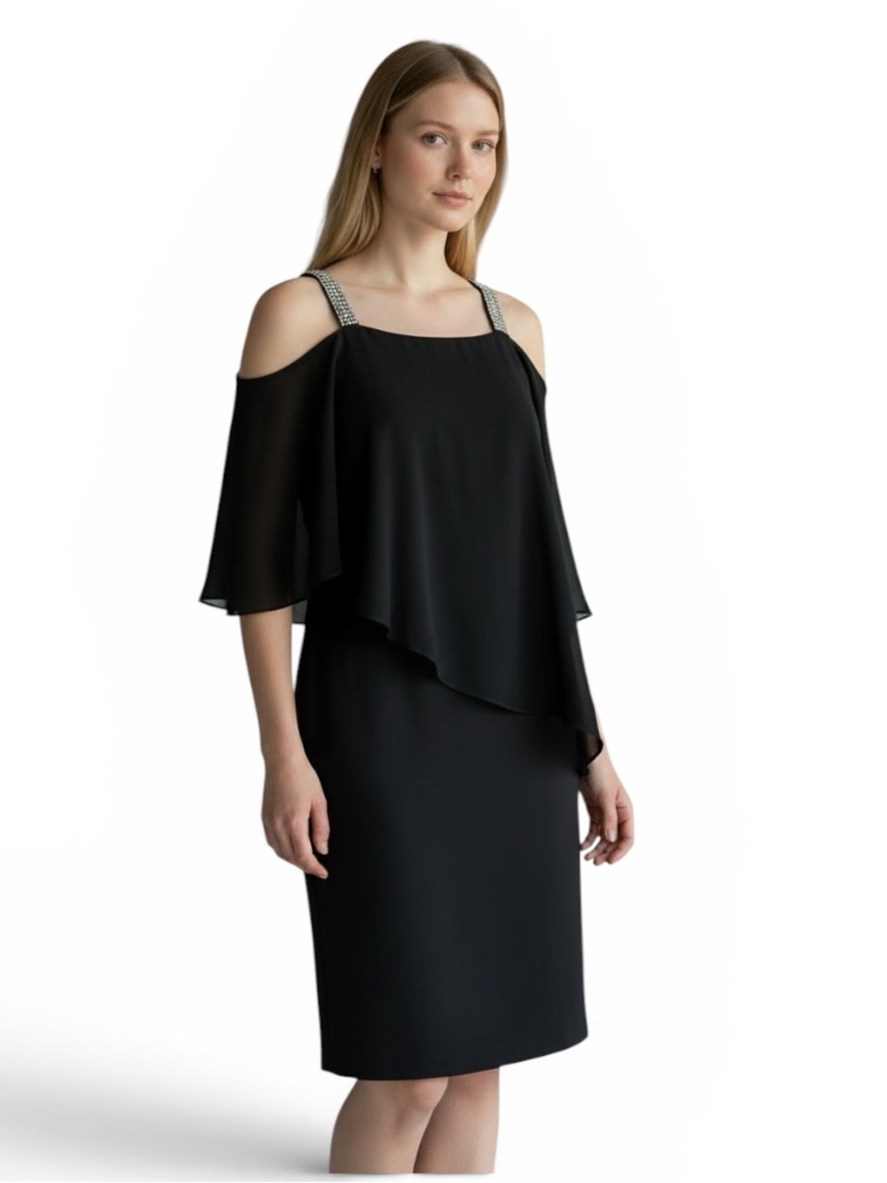 Roz & Ali Black Chiffon Overlay Cocktail Dress w Asymmetrical Capelet Drape, 2